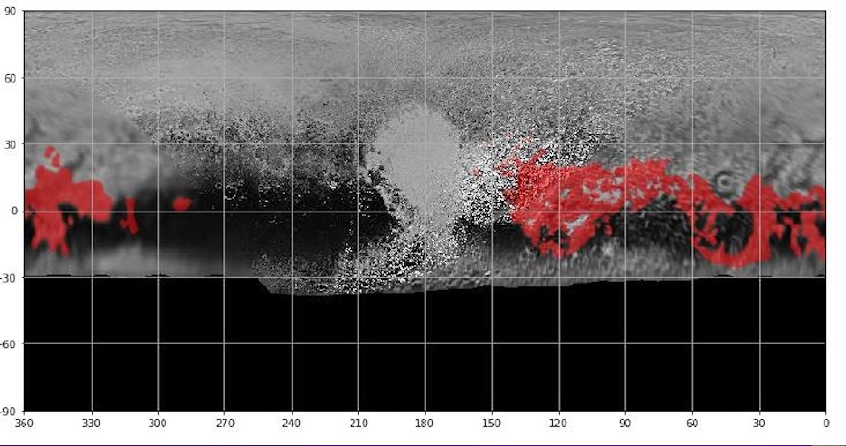 ما يسميه علماء نيوهورايزنز المناظر الطبيعية البيضاء - انعكاس مباشر للمناخ المتغير للمناظر الطبيعية على بلوتو ، والمميز باللون الأحمر على هذه الخريطة - يمتد على جزء كبير من الكوكب.