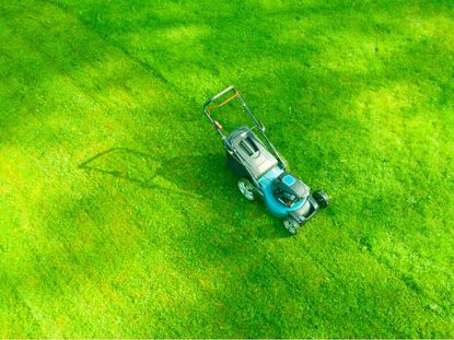Overhead view of a lawnmower in a lawn that is half mowed