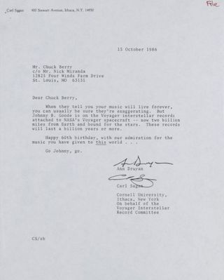 Carl Sagan and Ann Druyan wrote this letter to Chuck Berry for his 60th birthday.