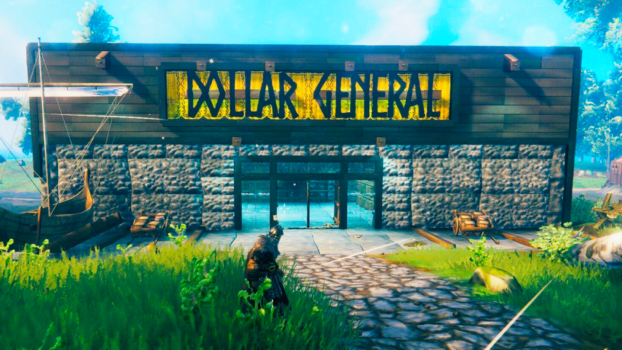 A screenshot of a player-made Dollar General in Valheim. A yellow sign is attached to a building made out of wood and stone sitting in a bright field.