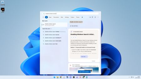 A screenshot of a Windows 11 desktop with a search for "disable windows search" in the Start menu.