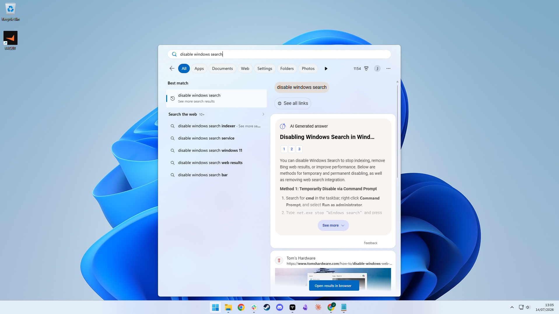 A screenshot of a Windows 11 desktop with a search for "disable windows search" in the Start menu.