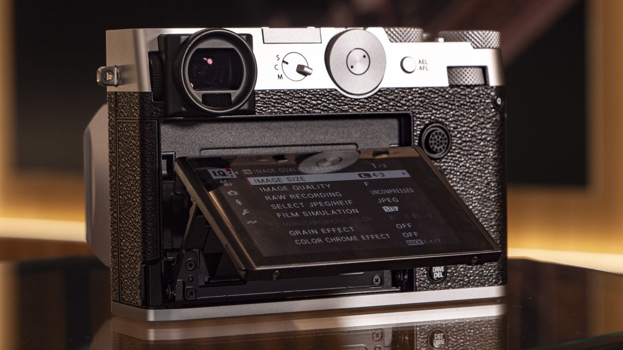 Rear screen of the Fujifilm GFX100 RF medium-format compact camera, tilted up