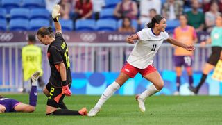 Sophia Smith of the USA celebrates scoring against Germany in the Olympics 2024 semi-final