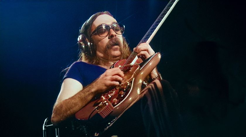 Jeff &#039;Skunk&#039; Baxter of The Doobie Brothers performing on stage at Nippon Budokan, Tokyo, Japan, February 1979. He is playing a Burns guitar.