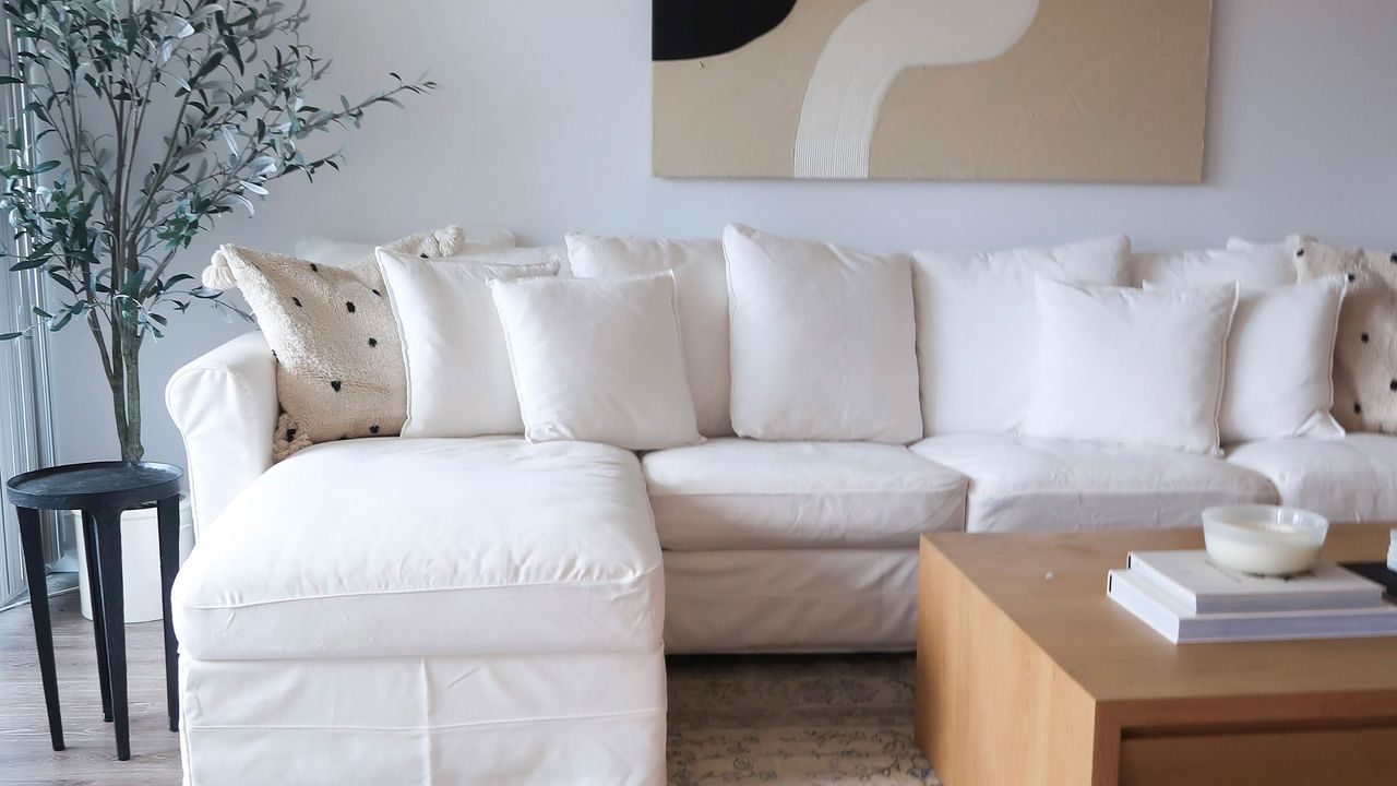 A large white couch in an apartment living room with white walls and neutral gallery wall with an indoor olive tree