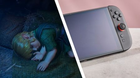 A two-part image featuring a screenshot of The Legend of Zelda: Ocarina of Time on the left and the Nintendo Switch 2 on the right.