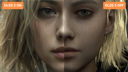 DLSS 5 on and off, a face of a game character