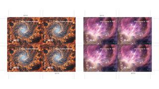 two panes of four postage stamps each of the U.S. Postal Service's 2025 Priority Mail and Priority Mail Express issues featuring the James Webb Space Telescope images of a spiral galaxy and a star cluster.