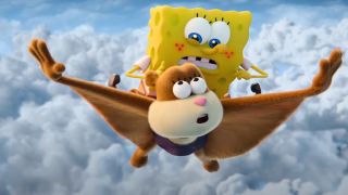 Sandy and SpongeBob gliding in Saving Bikini Bottom: The Sandy Cheeks Movie