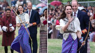 Two photos of Kate Middleton and Prince William using a bow and arrow