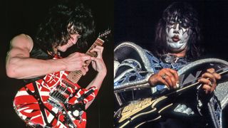 LEFT: Eddie Van Halen, displaying his guitar virtuousity during a concert in the late 1970s . RIGHT: American musician Ace Frehley of the group Kiss performs at the International Ampitheater, Chicago, Illinois, September 22, 1979
