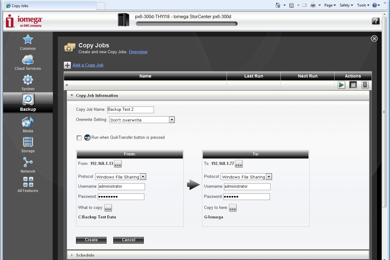The Copy Job tool can manage backups between any network system as well as the appliance. Jobs can also be linked to the Quik