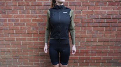 Female cyclist wearing the GripGrab Women’s Windbuster Windproof Lightweight Vest