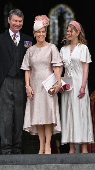 Lady Louise's dress: Prince Edward, Earl of Wessex, Sophie, Countess of Wessex and Lady Louise Windsor depart after the National Service of Thanksgiving at St Paul’s Cathedral on June 03, 2022 in London, England. The Platinum Jubilee of Elizabeth II is being celebrated from June 2 to June 5, 2022, in the UK and Commonwealth to mark the 70th anniversary of the accession of Queen Elizabeth II on 6 February 1952.