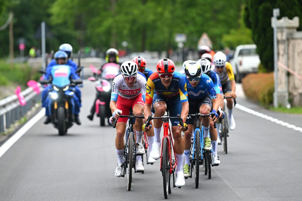 SAPPADA ITALY MAY 24 LR Mattia Bais of Italy and Team Polti Kometa Jasper Stuyven of Belgium and Team Lidl Trek and Pelayo Sanchez of Spain and Movistar Team compete in the breakaway during the 107th Giro dItalia 2024 Stage 19 a 157km stage from Mortegliano to Sappada 1236m UCIWT on May 24 2024 in Sappada Italy Photo by Dario BelingheriGetty Images