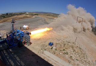 A view of an SpaceShipTwo hybrid rocket engine test firing by SpaceShipTwo builder Scaled Composites in Mojave, Calif.