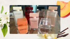 Image of best Narciso Rodriguez perfume bottles on a beige background with jasmine flower, vanilla pod and peach images