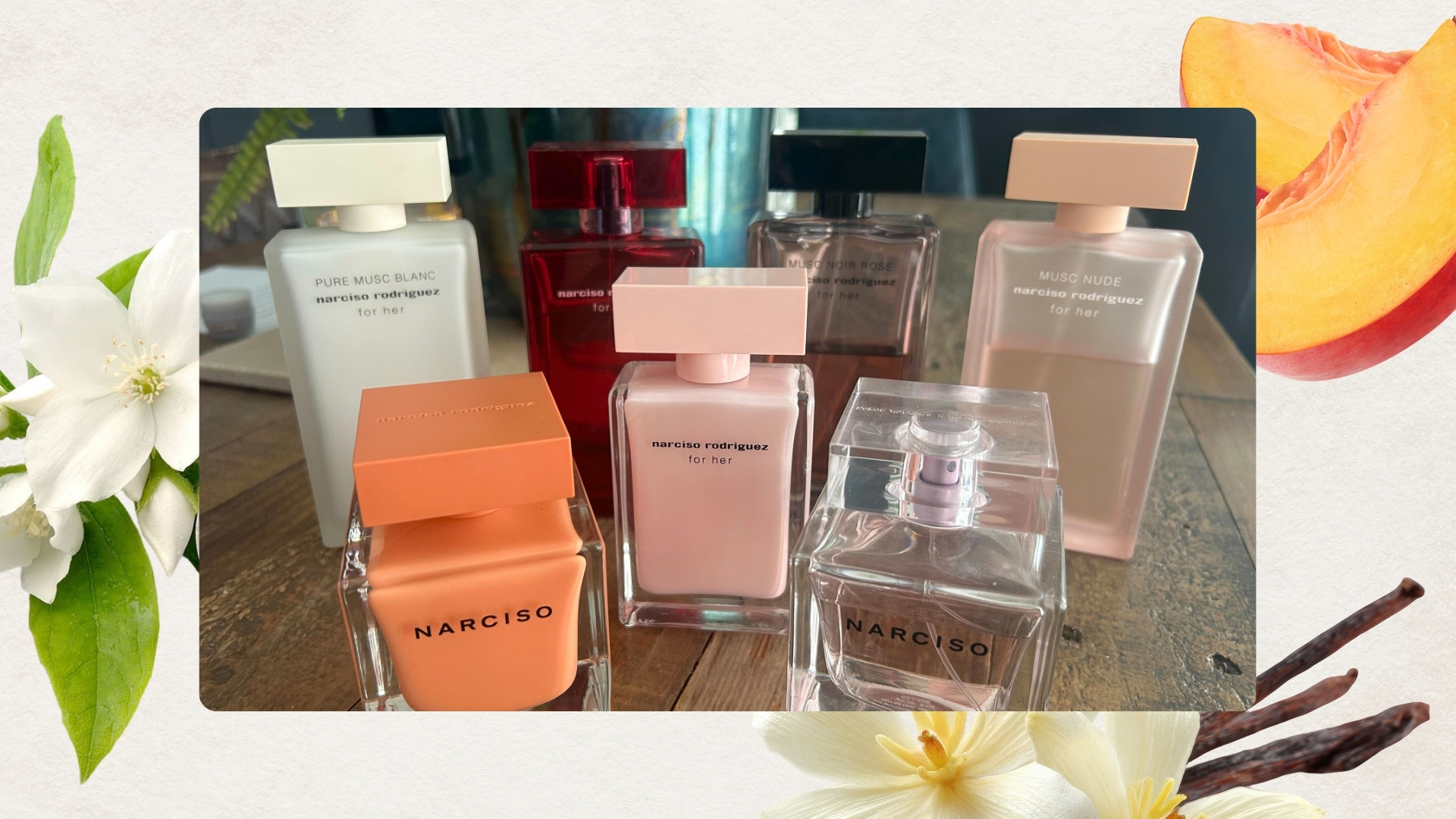 Image of best Narciso Rodriguez perfume bottles on a beige background with jasmine flower, vanilla pod and peach images