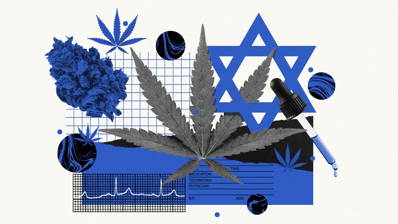 Photo composite of a Star of David, marijuana leaves, buds and CBD oil