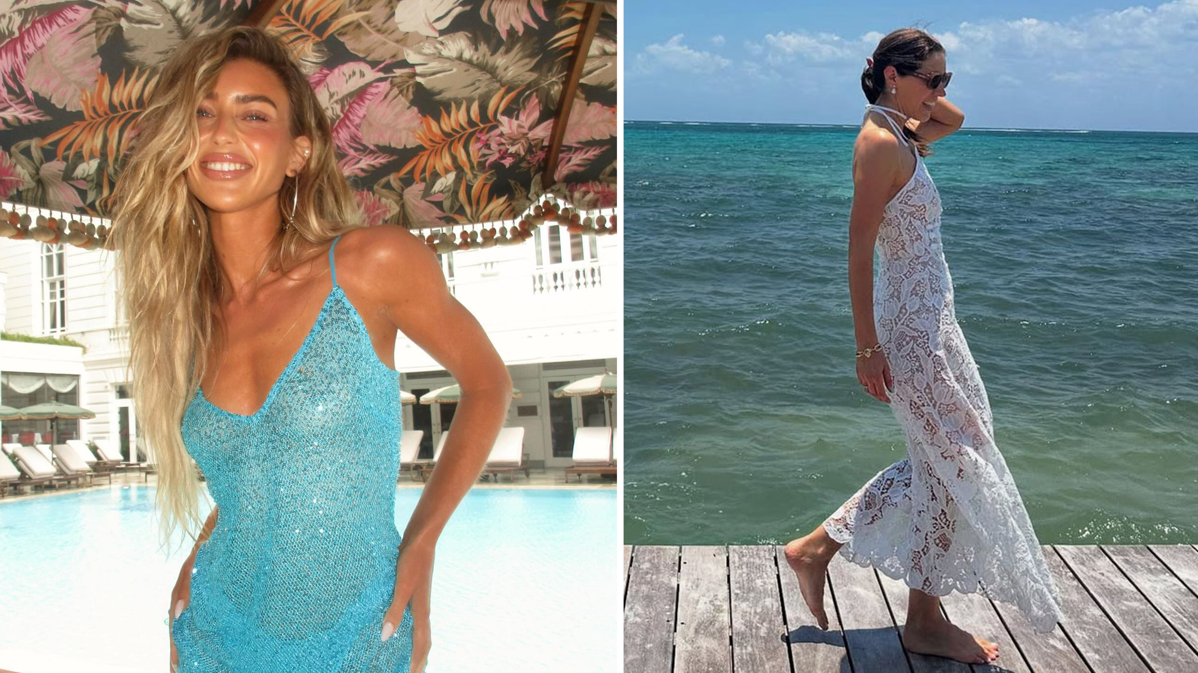 Collage of woman in blue sparkly dress and woman in white lace dress.
