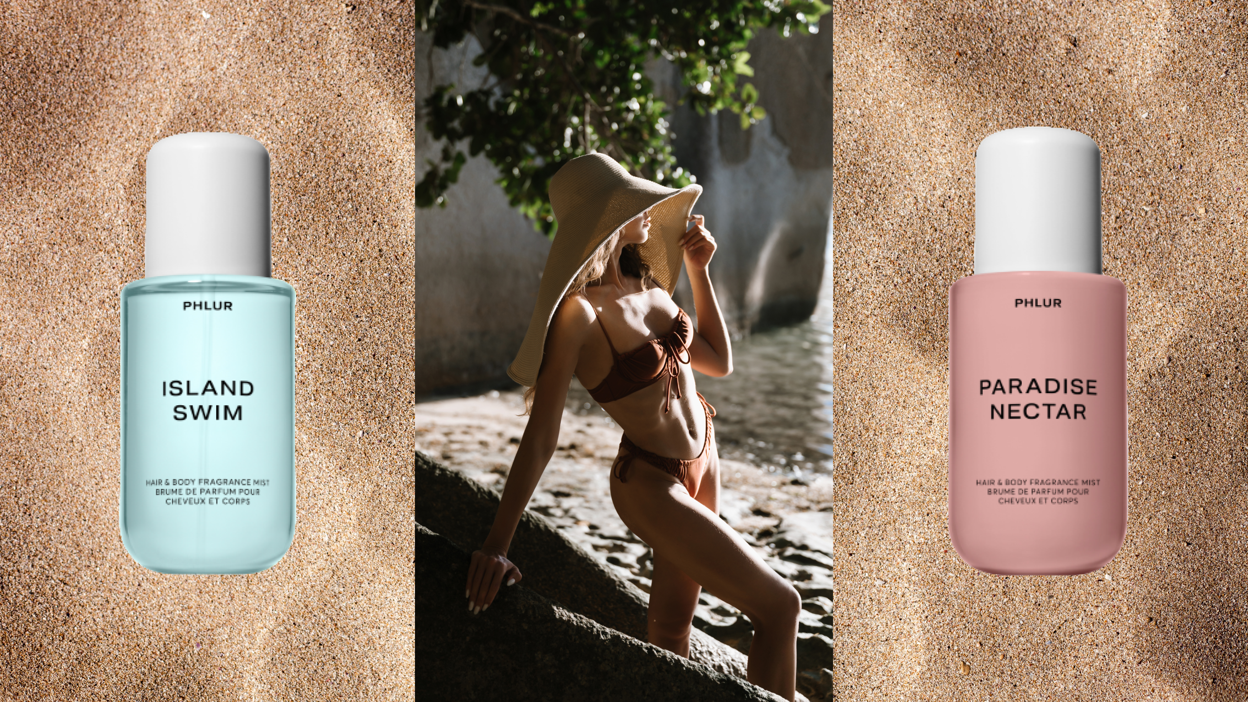 phlur island swim and paradise nectar body mist bottles with woman in bikini and straw hat on beach overlaid on sandy beach background