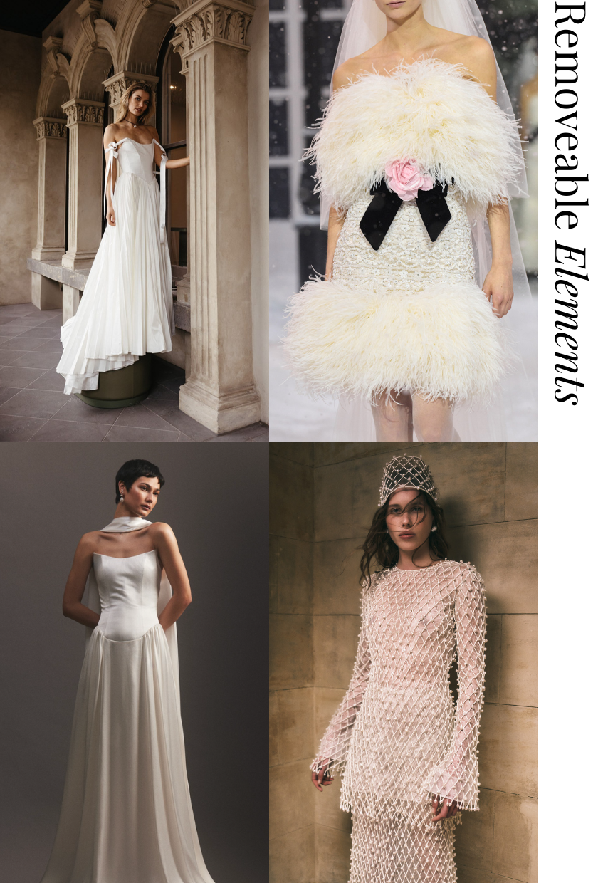 A collage showcasing the sheer impact wedding dress trend.