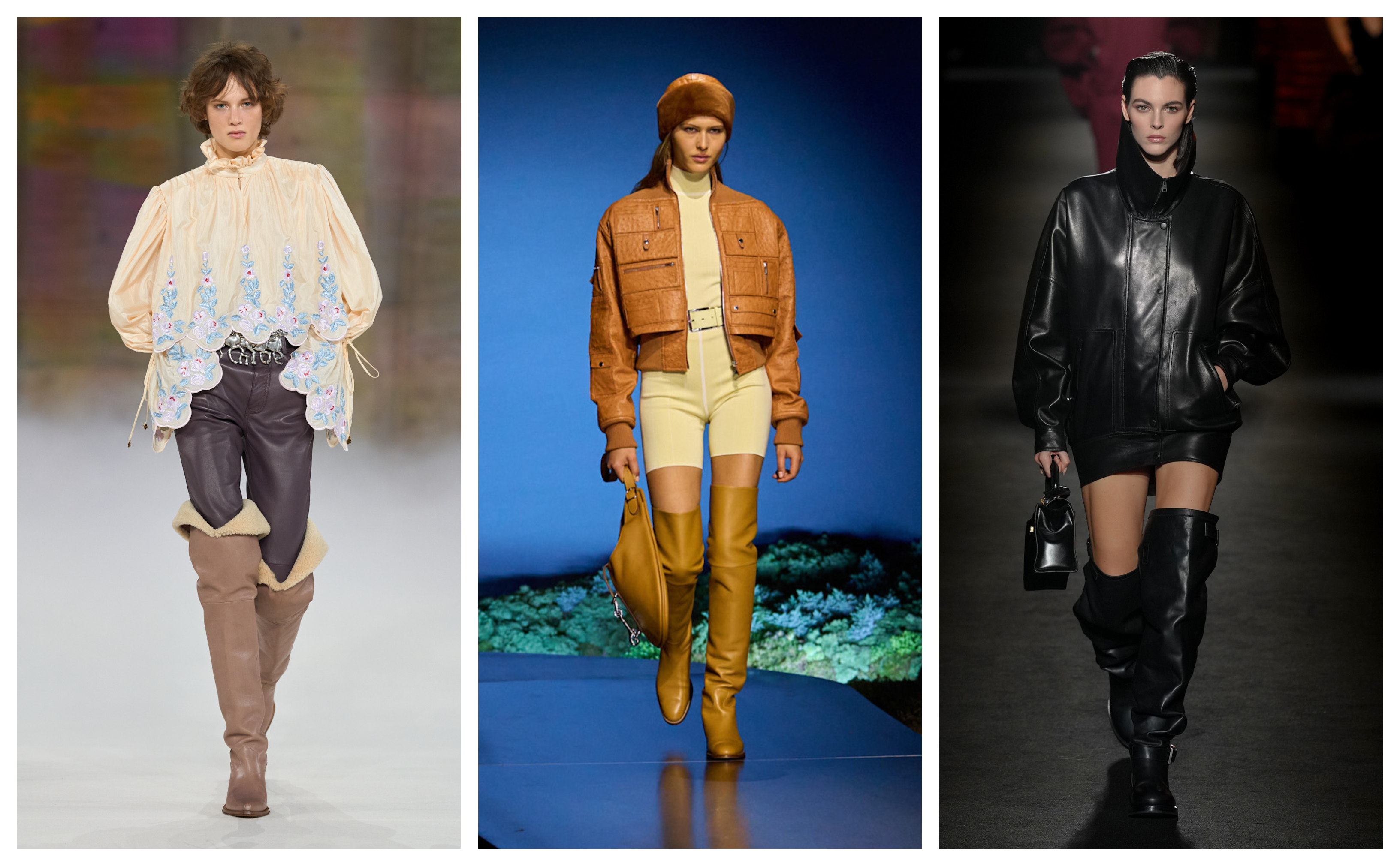 three models wearing over the knee boots on the fall 2026 runways at Paris Fashion Week