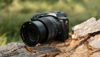 Front three-quarter view of the Sony RX10 V with its lens extended on a fallen tree trunk.
