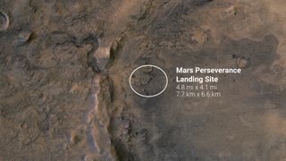 The white circle near the center of this image of Mars represents the location where NASA’s Perseverance rover is expected to land on Feb. 18, 2021. The landing ellipse, measuring 4.8 miles by 4.1 miles (7.7 kilometers by 6.6 kilometers), places the rover at the site of an ancient river delta which could harbor signs of fossilized microbial life. The fan-like shape of the delta is visible in this image, as is the crater rim. The crater was once filled with a lake several hundred feet deep. The basemap image featured here was taken by the High Resolution Stereo Camera aboard the ESA (European Space Agency) Mars Express orbiter. Light color processing has been applied to highlight surface features.