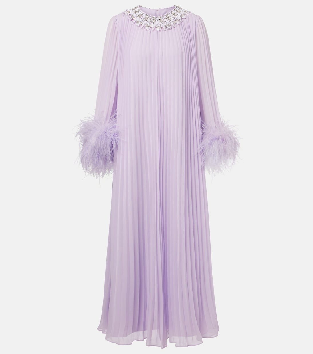 Self-Portrait Feather-Trimmed Pliss&amp;eacute; Chiffon Maxi Dress