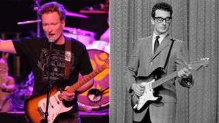 Conan O'Brien (left) and Buddy Holly perform onstage