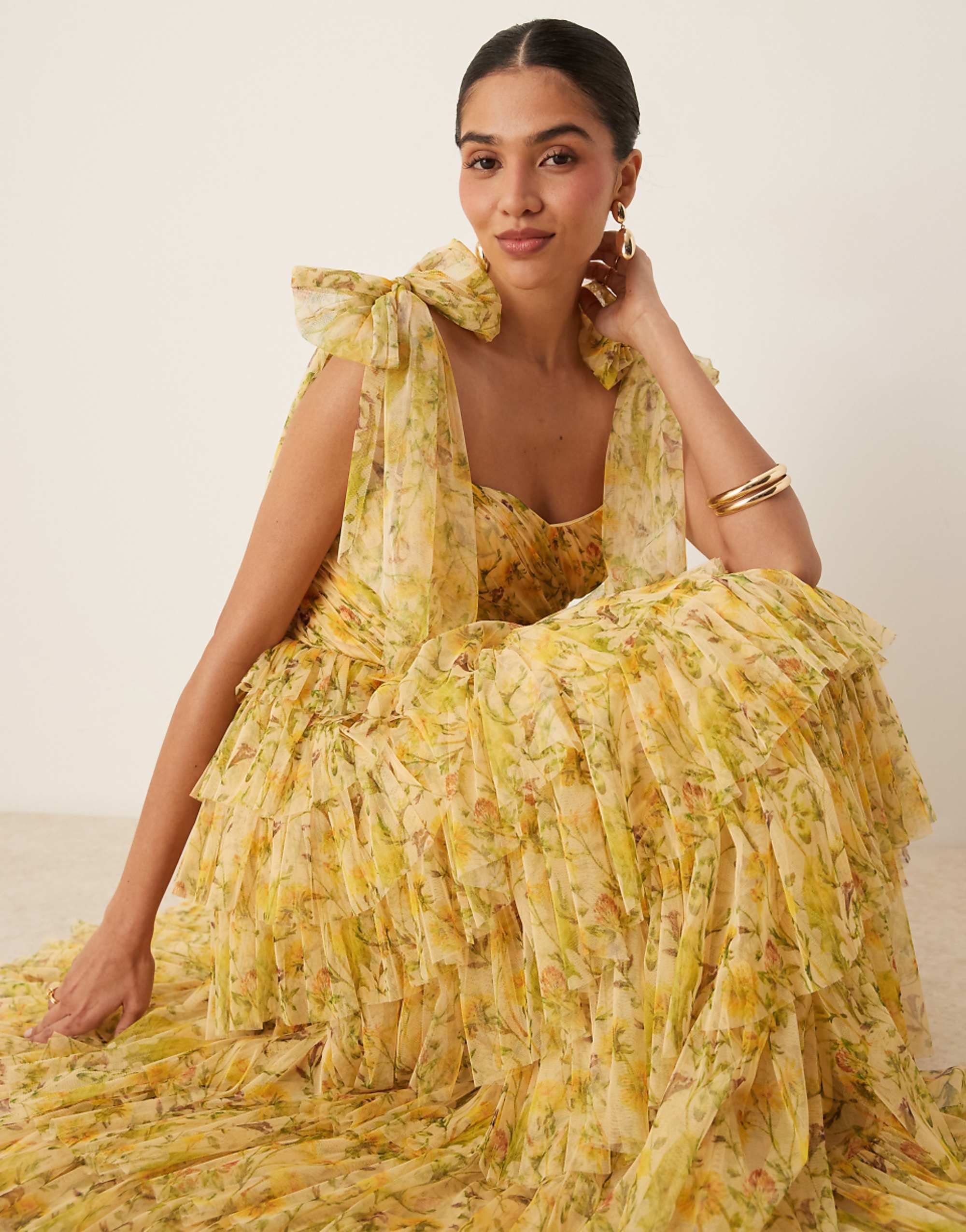 Lace &amp; Beads Bow Shoulder Tiered Tulle Maxi Dress in Yellow Floral