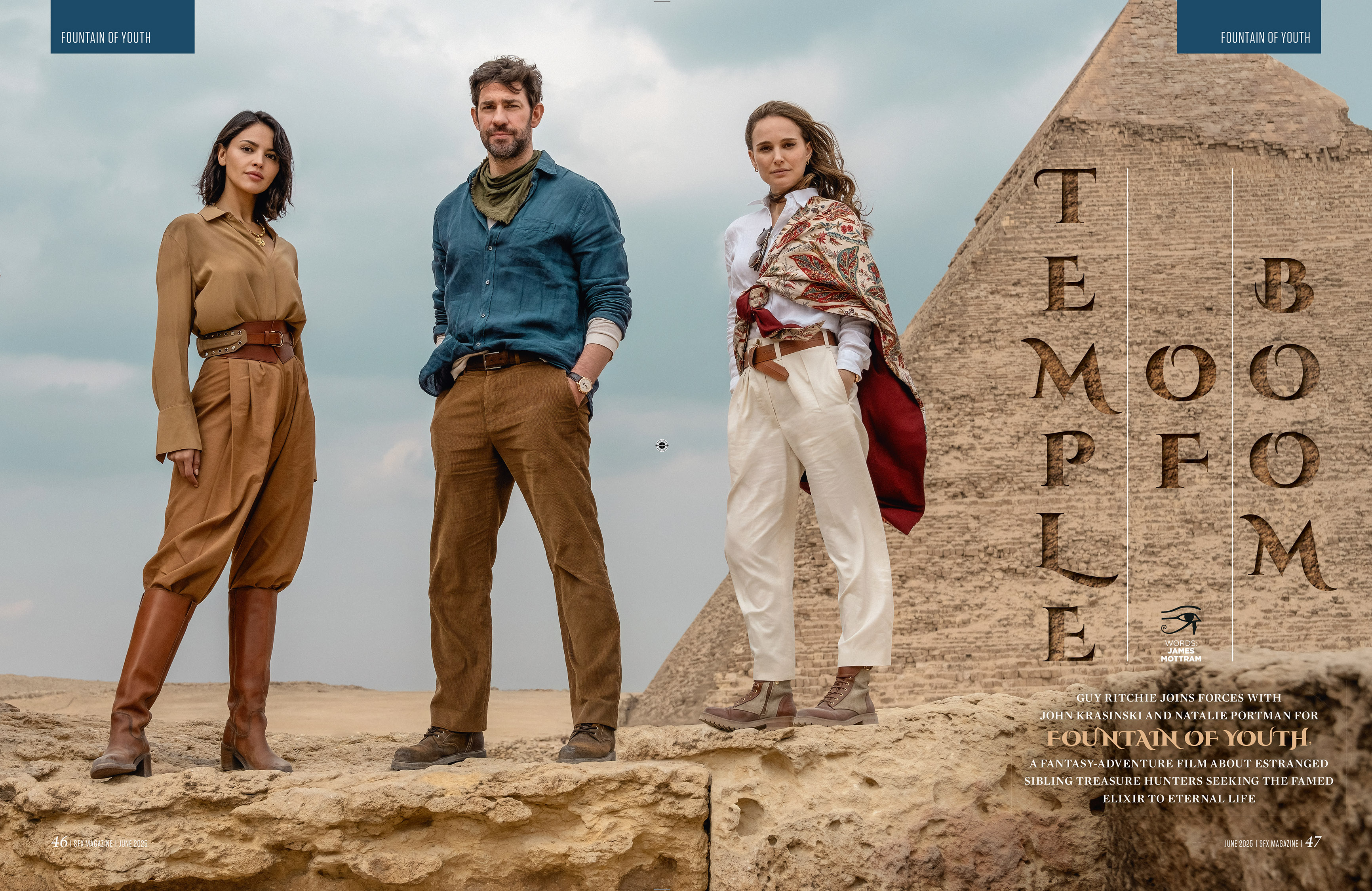 Three of the cast of Fountain of Youth, standing in front of a pyramid.