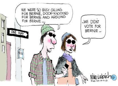 Political Cartoon U.S. Sanders millennials no show voting enthusiasm