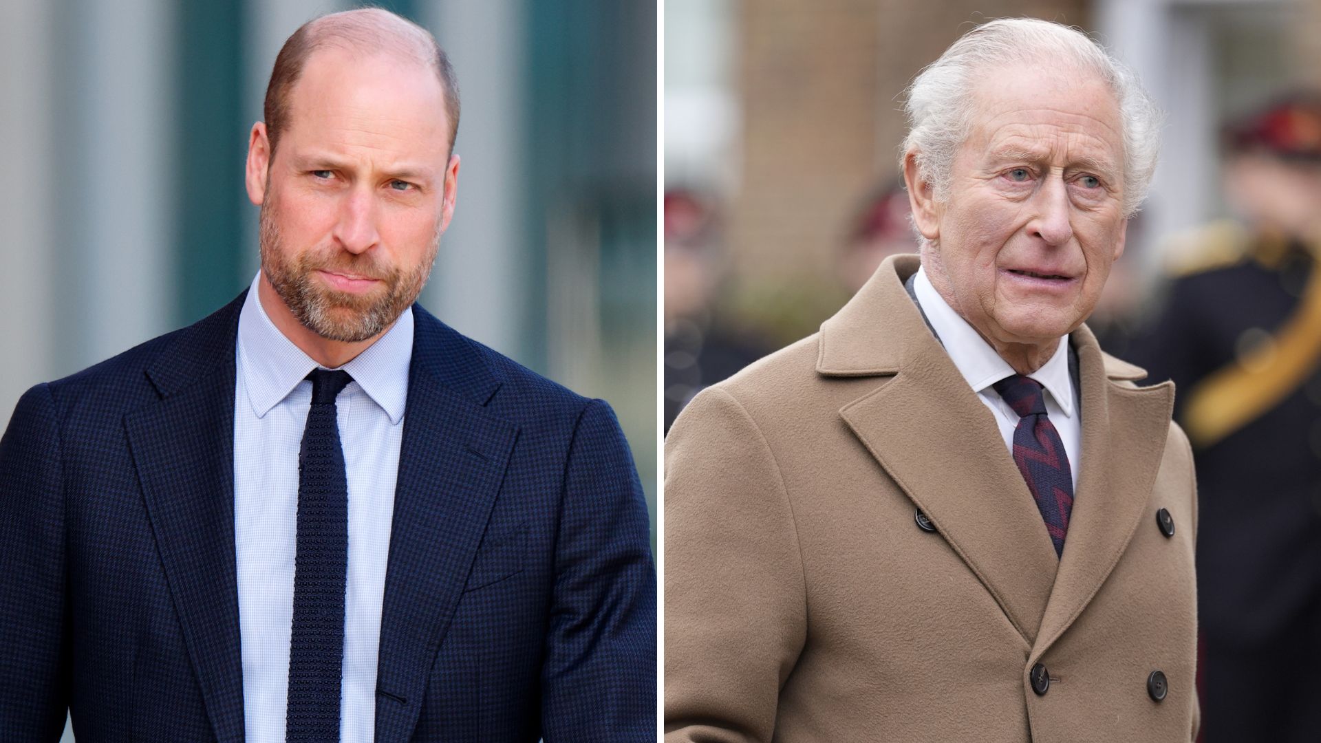 A composite of a picture of Prince William and a picture of King Charles, both taken at different visits in February 2026