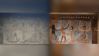 Ancient Egyptian temple ceiling before restoration, covered in thousands of years' worth of dust and soot. After restoration reveals iconography of Egyptian gods Orion, Sothis/Sirius and Anukis, above them the sky goddess Nut swallows the evening sun.