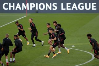 Bayern Munich's players attend a training session at the Luz stadium in Lisbon on August 13, 2020 on the eve of the UEFA Champions League quarter-final football match between FC Barcelona and Bayern Munich. (Photo by Manu Fernandez / various sources / AFP) (Photo by MANU FERNANDEZ/AFP via Getty Images)