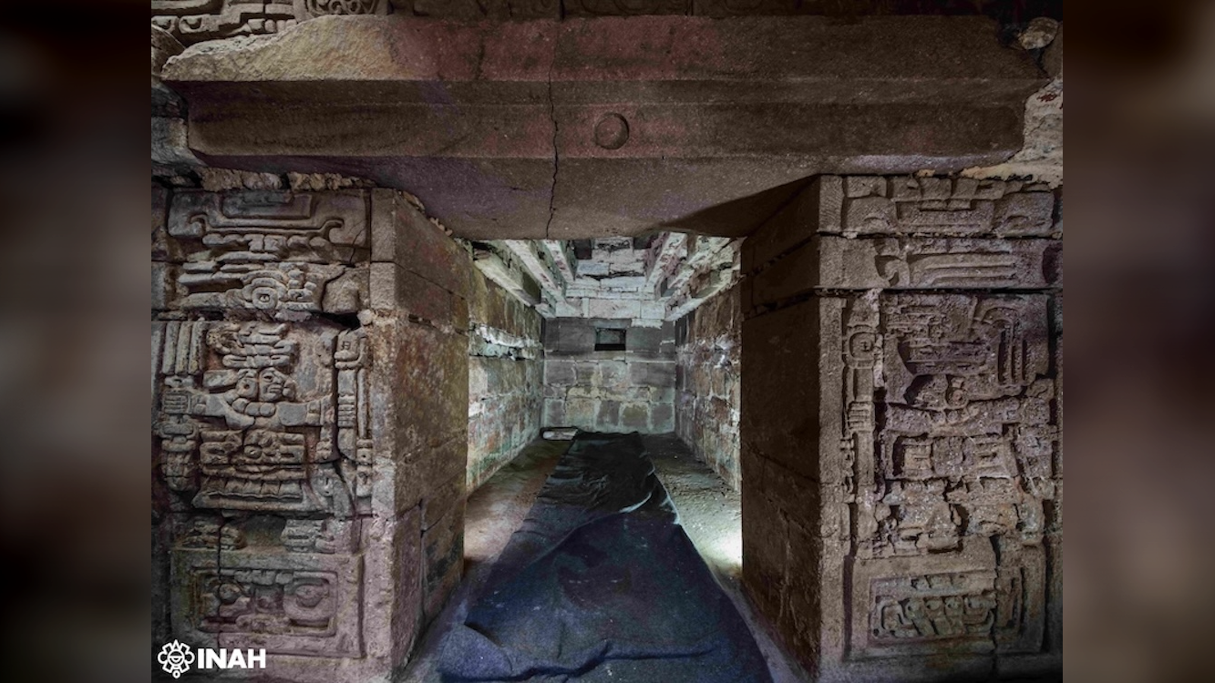 View of a carved doorway to a Zapotec tomb