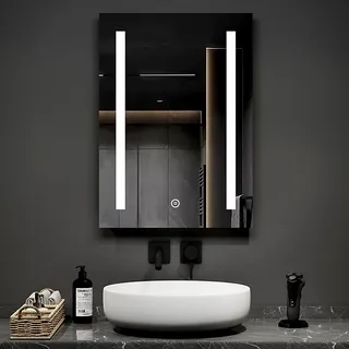 Emke Illuminated Led Bathroom Mirror Lights Anti-Fog Wall Mounted Mirrors, Shaver Socket, Fuse, Touch Switch, Demister, 50x70cm