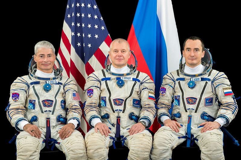 NASA astronaut Mark Vande Hei (left) joins Russian cosmonauts Oleg Novitskiy and Pyotr Dubrov before their launch, currently scheduled for April 9, 2021.