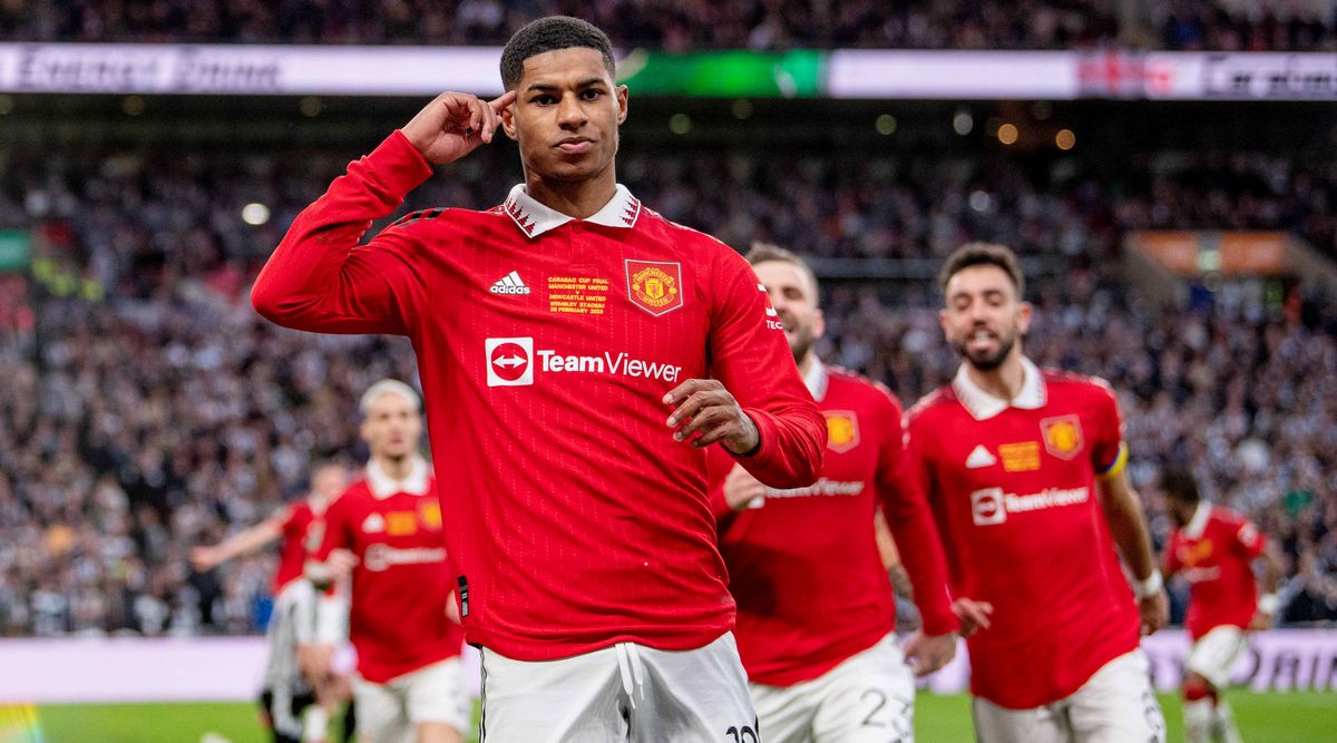 Marcus Rashford of Manchester United celebrates after scoring his team&#039;s second goal during the Carabao Cup final between Manchester United and Newcastle United at Wembley Stadium on 26 February, 2023 in London, United Kingdom.