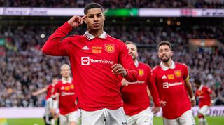 Marcus Rashford of Manchester United celebrates after scoring his team's second goal during the Carabao Cup final between Manchester United and Newcastle United at Wembley Stadium on 26 February, 2023 in London, United Kingdom.