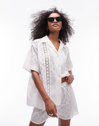 Topshop Broderie Lace Trim Insert Shirt in White