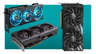 Three AMD graphics cards against a teal background with a white border