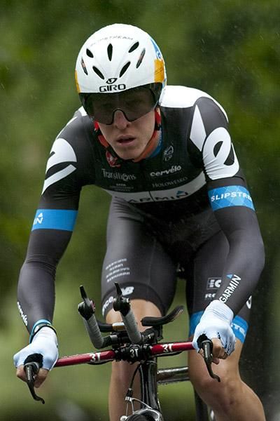 Cameron Meyer (Garmin Cervelo) from Western Australia heads out of the starting-gate as the rain begins to fall in Learmonth.