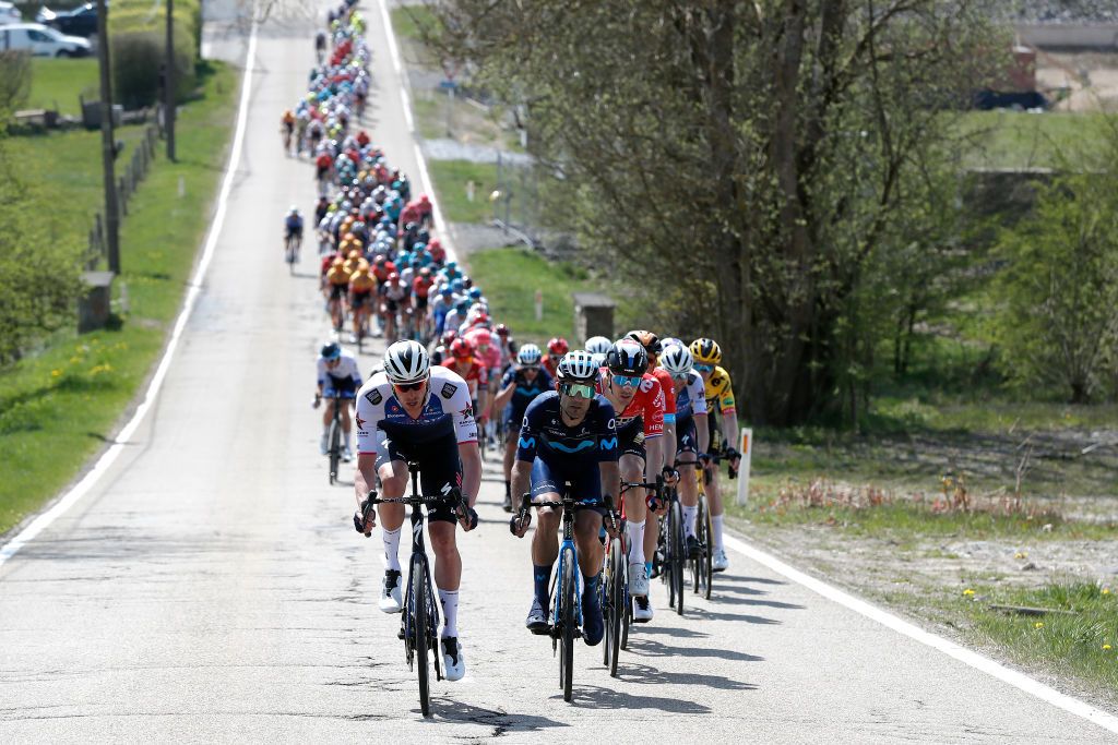 LIEGE BELGIUM APRIL 24 Ide Schelling of Netherlands and Team Bora Hansgrohe Tim Declercq of Belgium and Team QuickStep Alpha Vinyl Lluis Mas Bonet of Spain and Movistar Team Timo Roosen of Netherlands and Team Jumbo Visma and Pieter Serry of Belgium and Team QuickStep Alpha Vinyl lead the peloton during the 108th Liege Bastogne Liege 2022 Mens Elite a 2572km one day race from Lige to Lige LBL WorldTour on April 24 2022 in Liege Belgium Photo by Bas CzerwinskiGetty Images