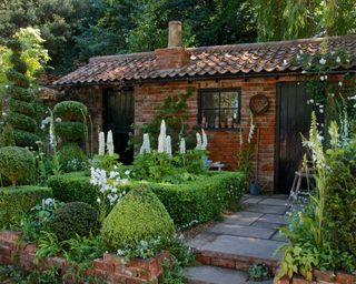 topiary in cottage garden patio