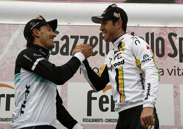 Runner-up Fabian Cancellara congratulates Milan-San Remo winner Matt Goss.