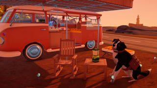 Outbound - A player's decorated camper van and dog sitting out front. 